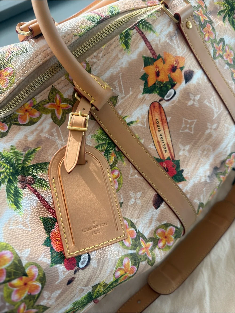 Louis Vuitton Beige Tropical Surf Keepall with Tan Leather Trim.